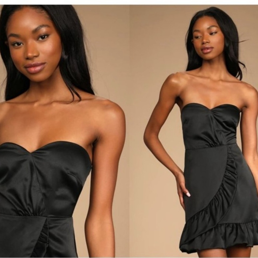 Lulus Adorable Admirer Black Ruffle Strapless Party Bodycon Mini Dress- Small